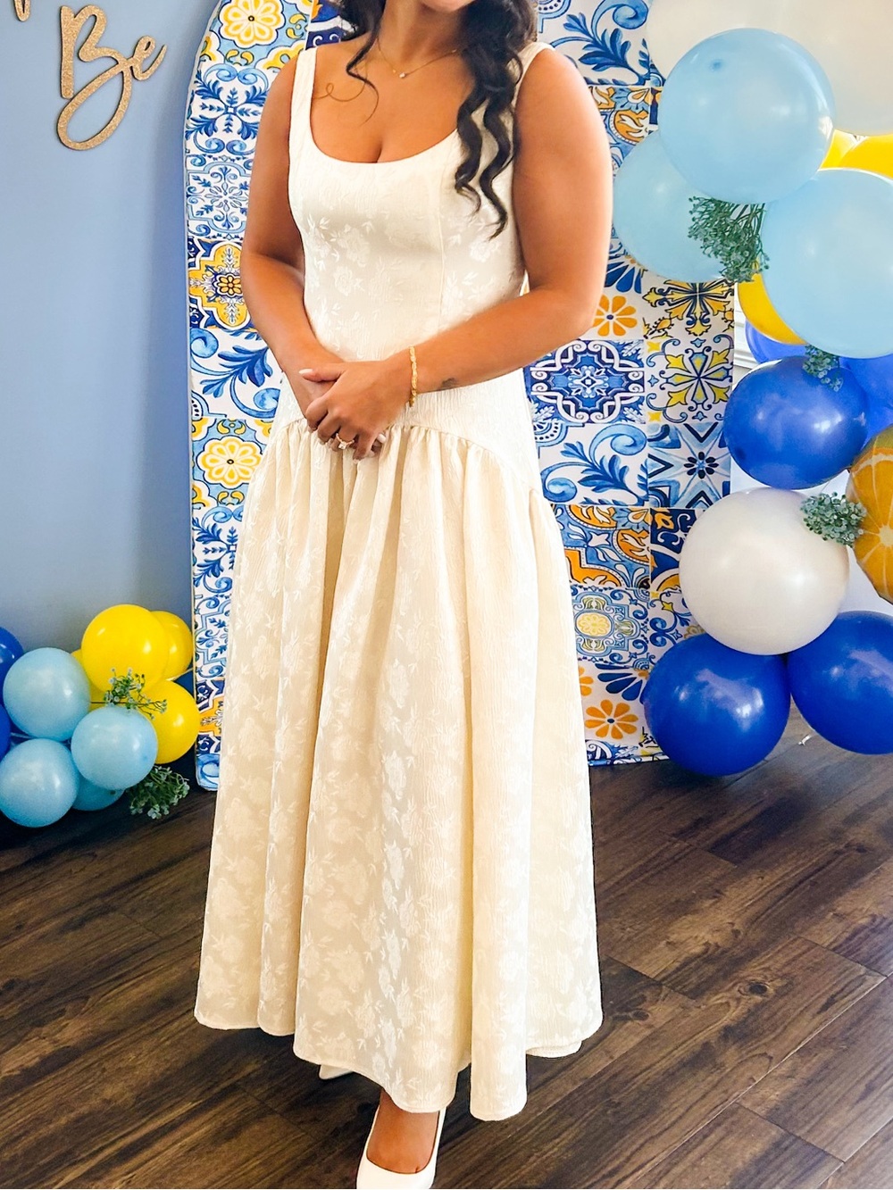 Ivory Textured Midi Dress with Full Skirt - Picture 1 of 3